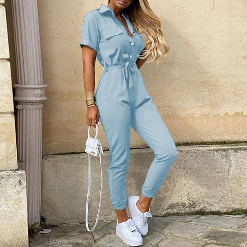 Casual lapel buckle print belt frock jumpsuit